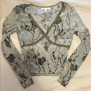 Light Blue Floral Velvet Burnout V-Neck Long Sleeve Top